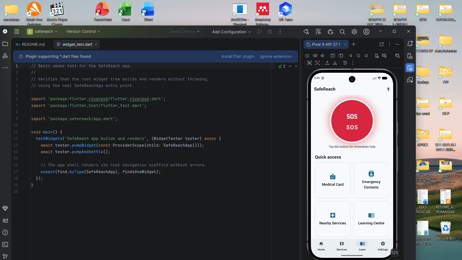 IDE showing Dart code next to a mobile emulator running a safety app SOS interface.