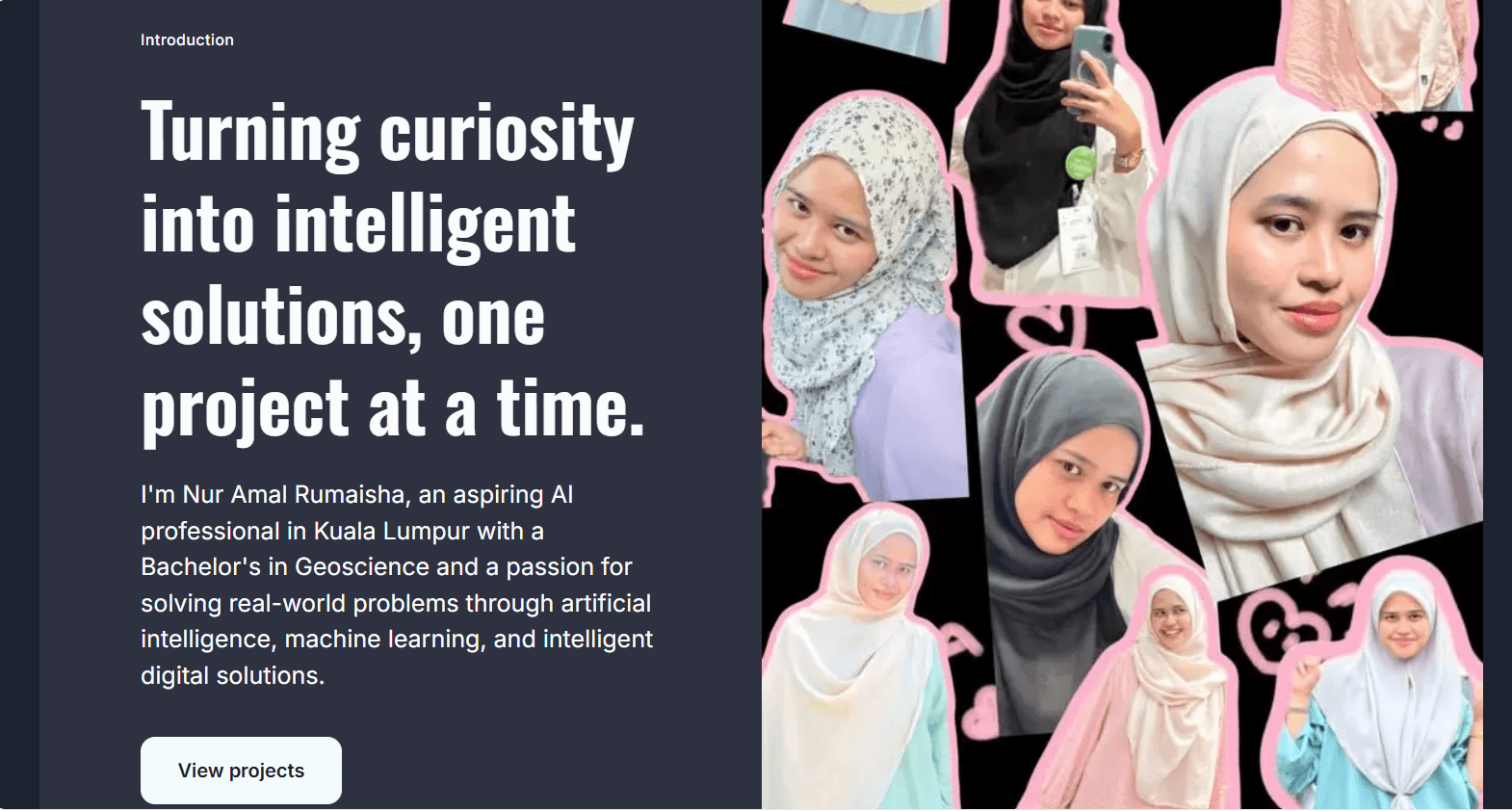 Introduction for AI professional Nur Amal Rumaisha featuring her biography and a photo collage.