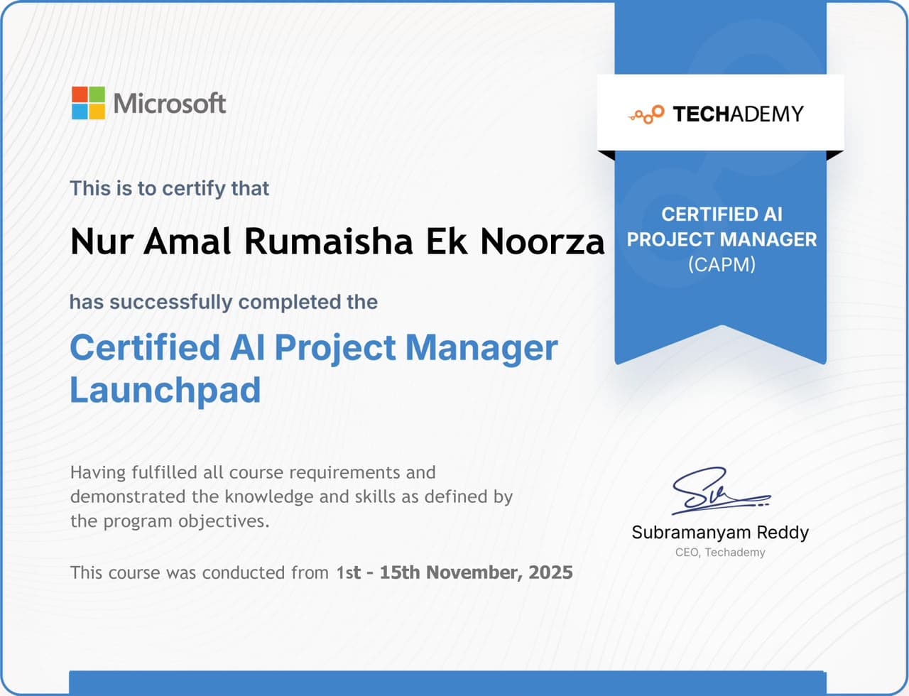 Microsoft and Techademy certificate for Nur Amal Rumaisha Ek Noorza, Certified AI Project Manager Launchpad.