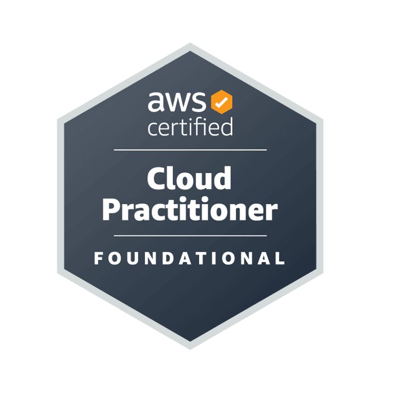 Hexagonal AWS Certified Cloud Practitioner Foundational badge with white text and orange checkmark icon.