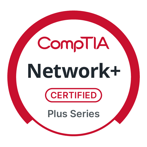 CompTIA Network+ Certified Plus Series badge with a red circular border and black text.