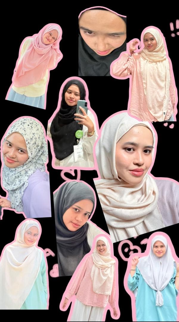 Collage of a young woman wearing various colorful hijabs and modest outfits with pink outlines.