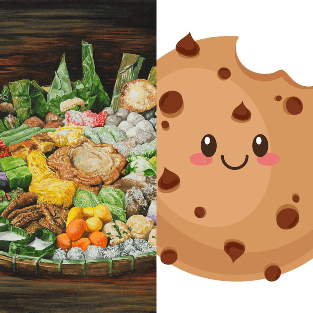 Traditional Indonesian snack platter painting beside a cute, smiling chocolate chip cookie cartoon.